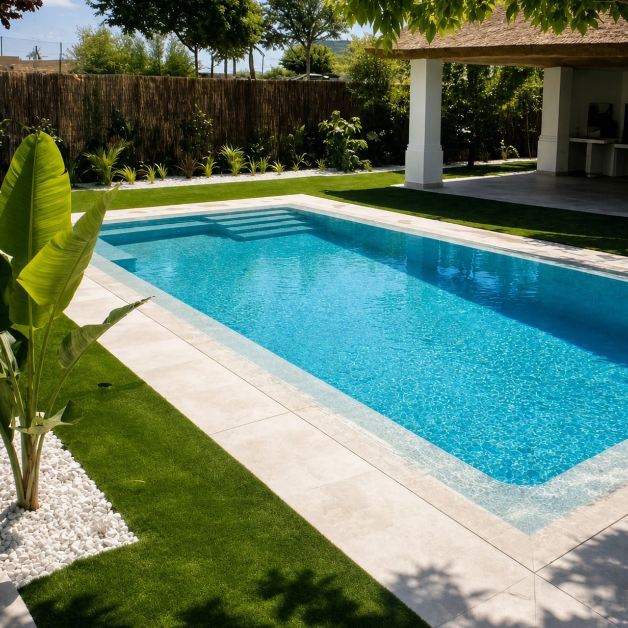 Piscina de 7 x 3,5 metros con escaleras y banco relax integrado en Selva Gres, con jardin y zona de sombra