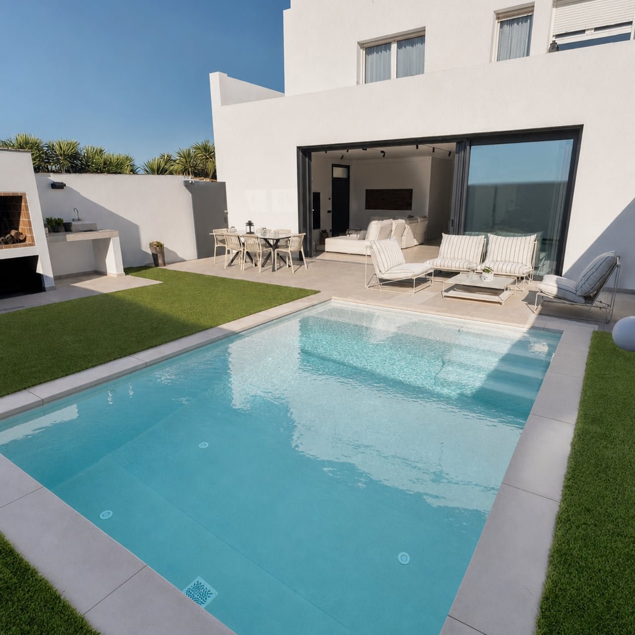 Piscina de 5 x 3 metros con escaleras y banco relax integrado en Rosa Gres, junto a una vivienda moderna