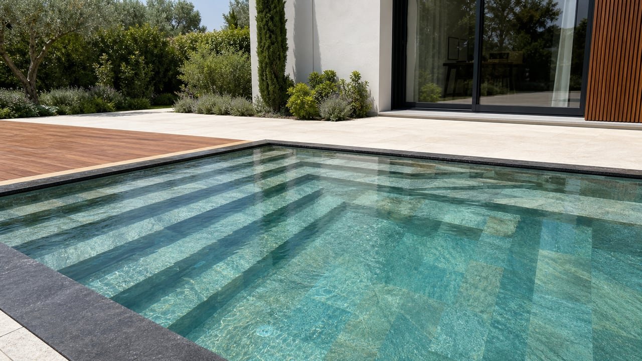Piscina desbordante en Rosa Gres con terraza y vivienda moderna al fondo